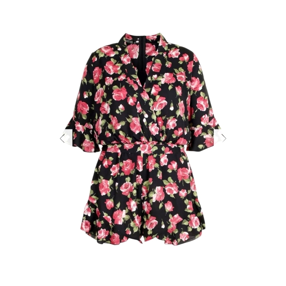 BOOHOO Plus Size Rose Floral Ruffle Tie Playsuit/Romper Plus Size 22 - Picture 2 of 14